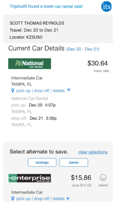 Cell phone showing alternate rental car choice