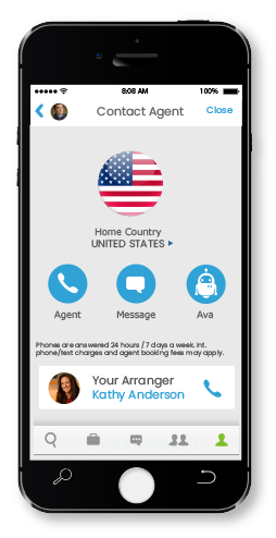 Cell phone with screen to call an agent, send a message or chat with Ava Cell phone with screen to call an agent, send a message or chat with Ava